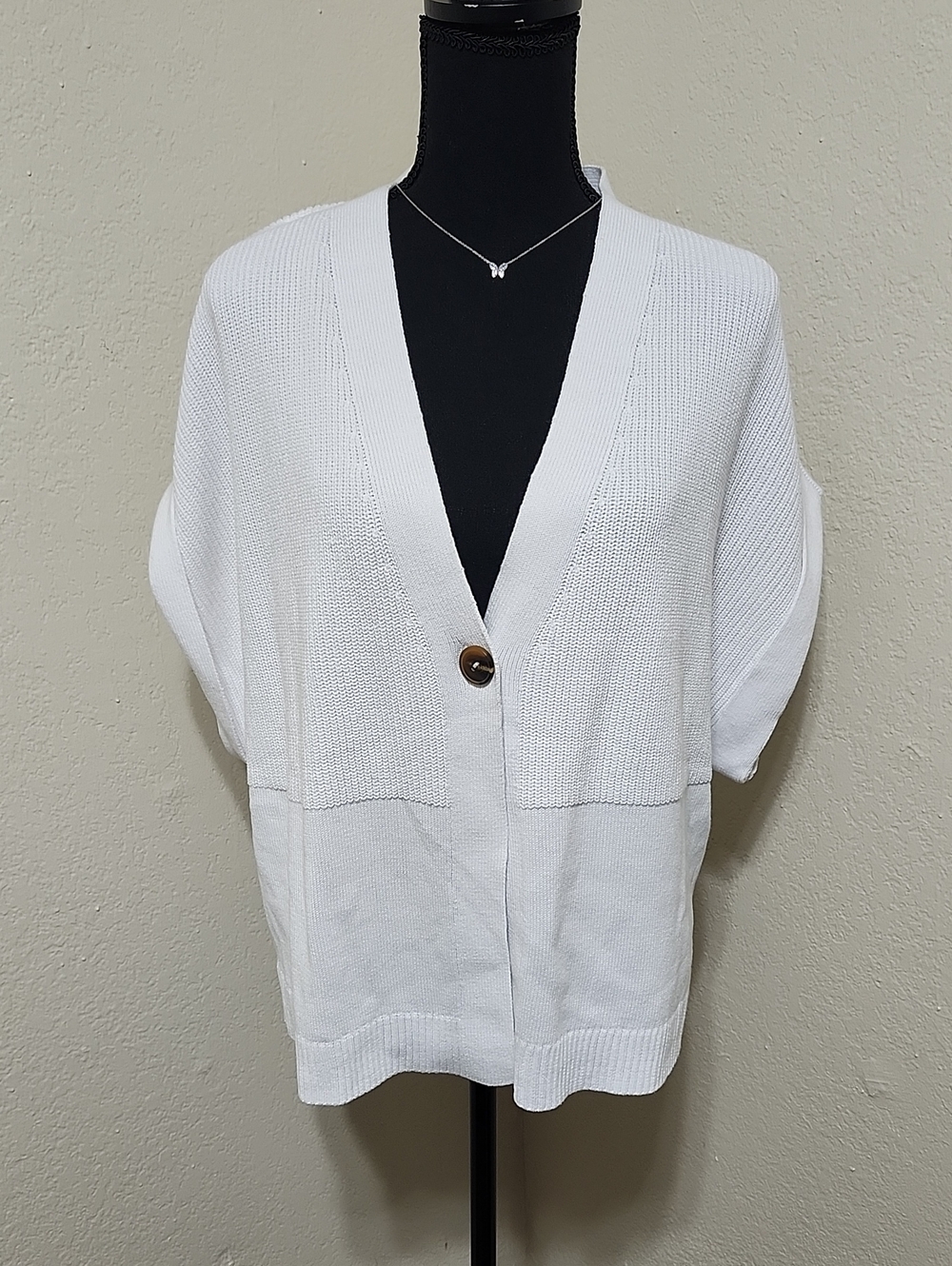 J. Jill White Mixed Knit Cardigan Sweater Short Sleeve Sz S Single Button